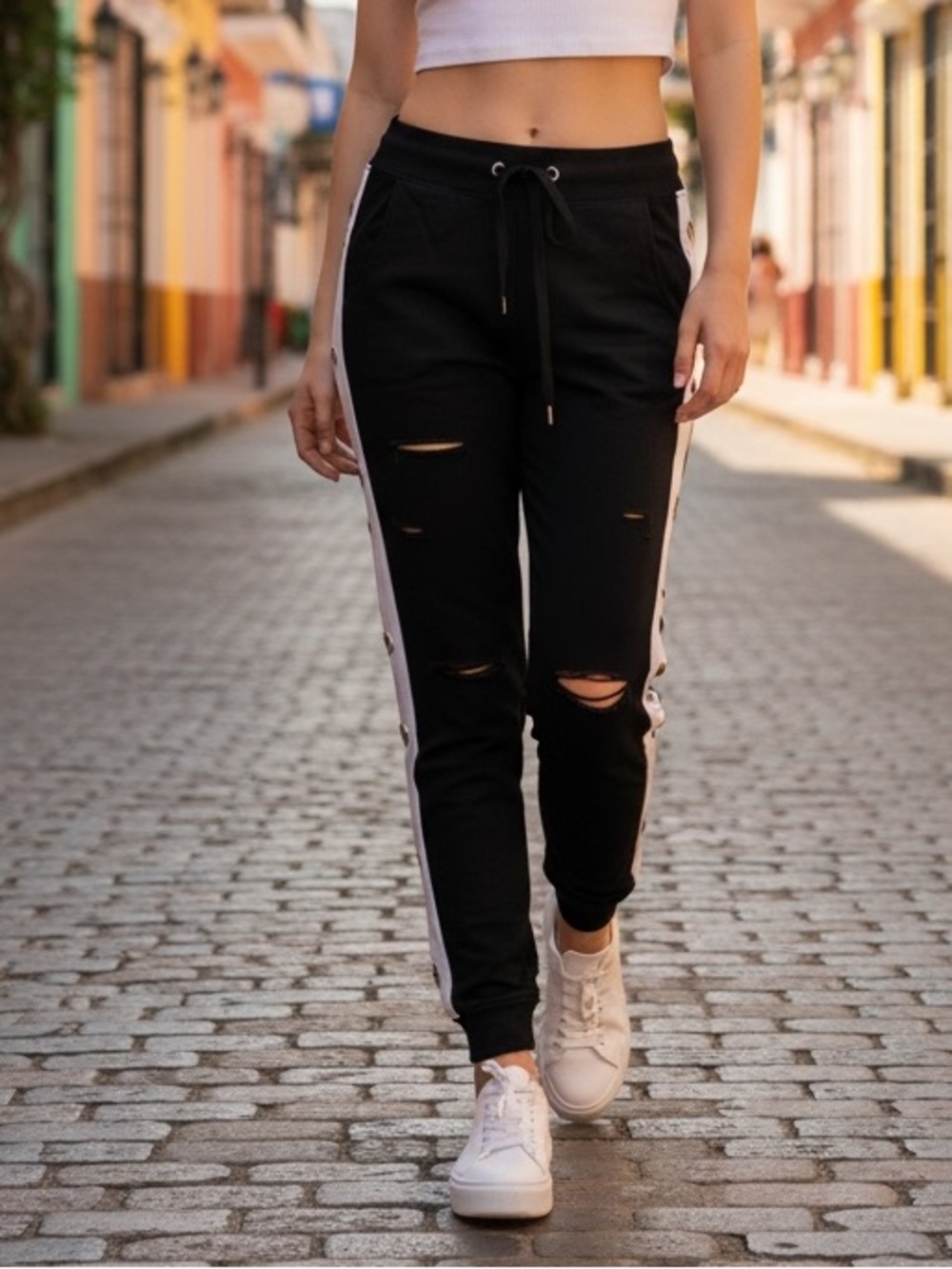 Black Destroyed Jogger Pants with White Side Stripe and Grommet Detail Medium